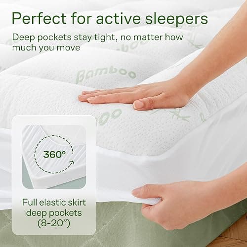 Ultra Soft Queen Size Mattress Topper - Viscose Made from Bamboo Pillow Top Mattress Pad for Back Pain Relief - Naturally Cooling for Hot Sleepers, Green thumbnail 5