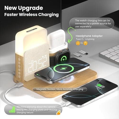 Alarm Clock Charging Station for Bedrooms, 7 in 1 Wireless Charging Station, Magnetic Charger with Night Light Bedside Clock for iPhone 17 16 15 14 13 12 Pro Max, Apple Watch, AirPods thumbnail 2