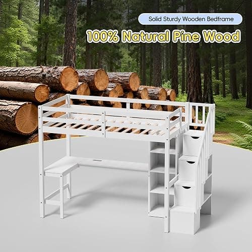 Xilingol Twin Loft Bed with Stairs and Desk, Solid Wooden Loft Bed, Heavy Duty Loft Bed with L-Shape Desk, LED Light Strips, Charging Station, Storage Cabinets, Extra-High Guardrails for Kids, Teens thumbnail 8