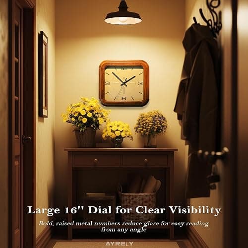 AYRELY® Rectangular Wooden Wall Clock – 12.8" W x 11.6" H (16" Diagonal) Vintage Elm Wood Frame, Metal Dial – Battery Operated Decorative Clock for Living Room, Kitchen, Office thumbnail 3
