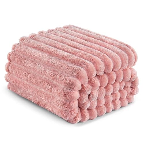Exclusivo Mezcla Fleece Throw Blanket for Couch, Super Soft Striped Jacquard Bed Blanket, Lightweight Fuzzy Cozy for All Seasons, 127x152 CM, Pink thumbnail 7