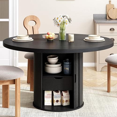 47 inch Round Dining Table for 4, Circle Kitchen Table with 2-Layer Storage Shelf and a Drawer, Modern Farmhouse Dinner Tables with Sliding Door and Wood Strip Base for Kitchen, Living Room (Black) - Image 1