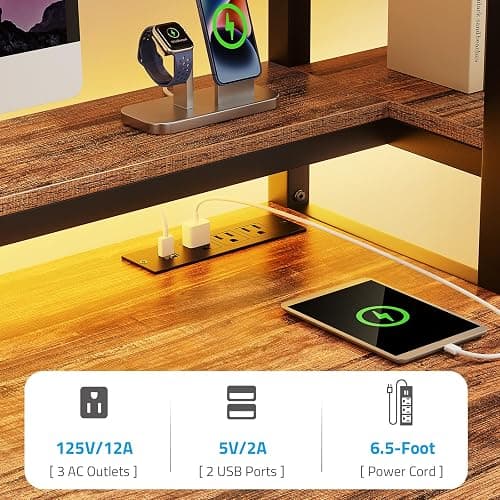 GreenForest Computer Desk with Drawers and Monitor Stand, Home Office Desk with Storage Shelves, Small Gaming Desk with Power Outlets and LED Lights for Study Writing Working, 51 inch Walnut thumbnail 6