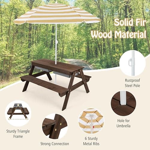 HONEY JOY Kids Picnic Table, 4 in 1 Cedar Wooden Sand & Water Table w/ 3 Removable Box & Umbrella, Kids Picnic Tables for Outdoors Backyard Garden, Toddler Patio Furniture Set for Boys Girls(Walnut) thumbnail 6