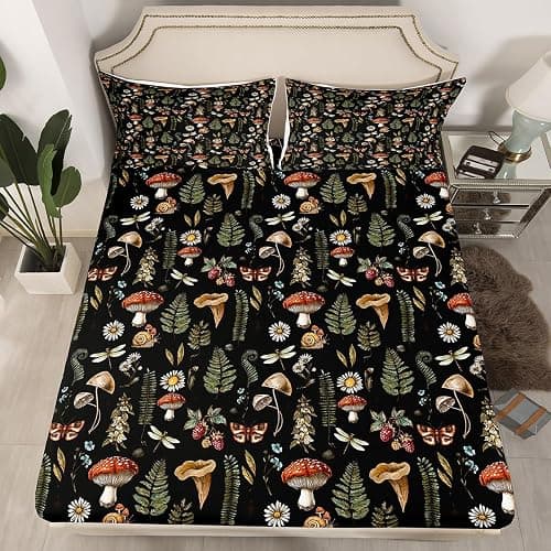 Mushroom Bed Sheet Natural Butterfly Wild Plant Leaves Decor Sheets for Kids Teens Adults Outdoor Jungle Rustic Farmhouse Style Bedding Set with Flat,Fitted Sheet,2 Pillowcases Queen Size 4 Pcs thumbnail 2