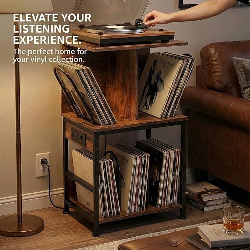 ZEXVIDA Record Player Stand with Vinyl Storage, Large Record Table Holds 180 Albums, Vinyl Record Storage Stand with USB Charger, Multi-Functional Side Table & Shelf for Living Room Bedroom thumbnail 7