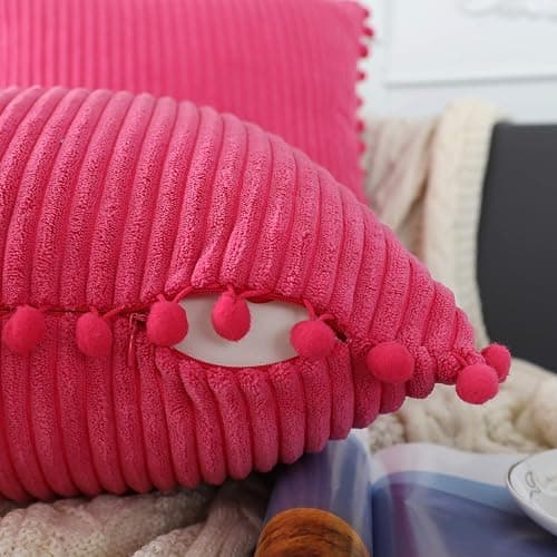 sykting Hot Pink Throw Pillow Covers 18x18 inch Soft Striped Boho Farmhouse Decorative Pillow Covers with Pom Poms for Couch Sofa Bed Chair Outdoor Pack of 2 thumbnail 3