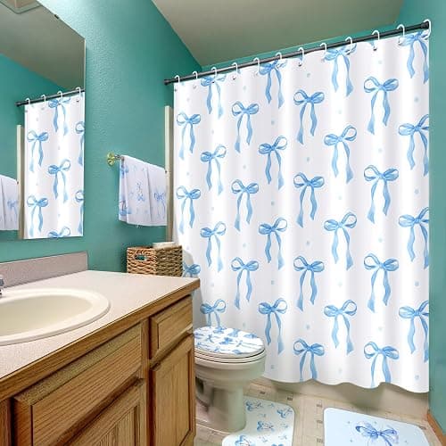 Honeydak 8 Pcs Blue Bow Shower Curtain Set Coquette Blue Bow Bathroom Decor Set Cute Aesthetic Bathroom Curtain with 12 Hooks Anti-Slip Rug Toilet Lid Cover Bath Mat and Towels for Women Home Bath thumbnail 7