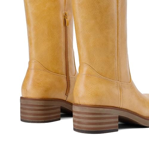 DREAM PAIRS Women's Square Toe Platform Chunky Block Heel Knee High Riding Boots | Square Round Toe,Riding Tall Boots,Side Zipper,Chunky Block Heel,Banana Yellow Brown Color,Summer Fall Fashion Daily Boots thumbnail 6