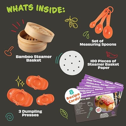 MasterChef Junior Kids Dumpling Making Set- 5 Pc Kit- Real Cookware Includes Recipes, Steamer Basket, Mold, Press Measuring Spoons Steamer Paper, Homemade Cooking Party for Dim Sum Soups Chinese Food thumbnail 4