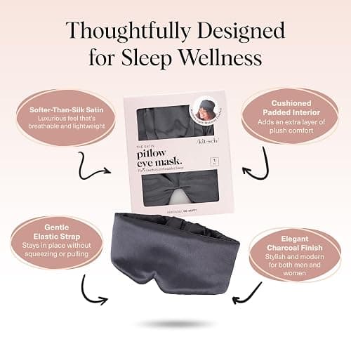 Kitsch Satin Sleep Mask - Eye Masks for Sleep, Softer Than Silk Satin Sleeping Mask Blindfold and Sleep Masks for Women and Men, Eye Care Travel Essentials - Charcoal Black thumbnail 3