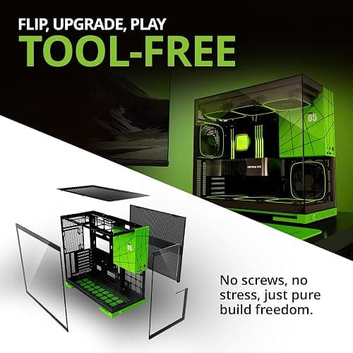 Geometric Future M5 Tempered Glass Mid Tower, E-ATX/ATX Gaming Case, 1.2mm Steel, Type C, Toolless Panels, Support 420/360 Radiator, ARGB PWM 140m Fan x 5 Pre-Installed, Black/Green, GEO-M5F-BNY thumbnail 6