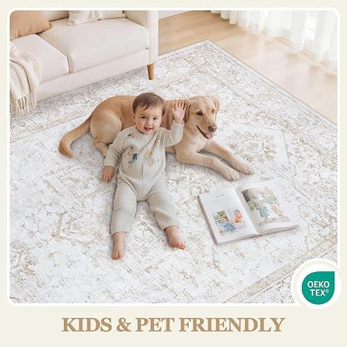 Xafir 8x10 Area Rugs for Living Room Washable Non-Slip Rug Beige | Vintage Medallion Rug，Soft Low Pile Large Rugs，Indoor Retro Carpet for Bedroom Nursery Dining Table Farmhouse Home Office thumbnail 4