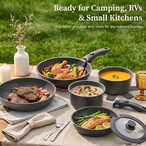 YASHE 15Pcs Nonstick Pots and Pans Set with Removable Handle, Oven Safe | Non-Toxic Stackable Cookware Set for RVs, Camping, PFOS/PFOA-Free Induction Compatible thumbnail 2