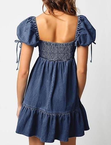 POTILI Denim Dress for Women Puff Short Sleeve Jean Dresses Sweetheart Neck Denim Mini Dress thumbnail 2
