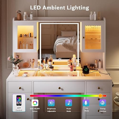 iPormis Vanity Desk with Mirror and Lights, Glass Top Makeup Vanity with RGB Light and Power Outlet, Dressing Table Mirror with 3 Lighting Colors, 7 Drawers, 3 Cabinets, White Vanity for Bedroom thumbnail 6