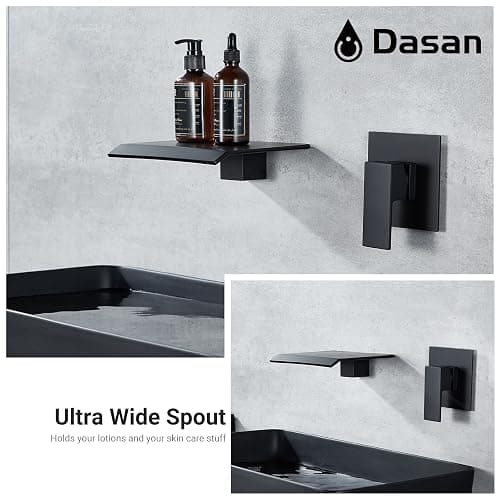 DASAN Wall Mount Waterfall Bathroom Faucet Matte Black in Wall Sink Faucet, Single Handle Wall Mounted Modern Faucet for Bathroom with Upgraded Rough in Valve - Matte Black thumbnail 3