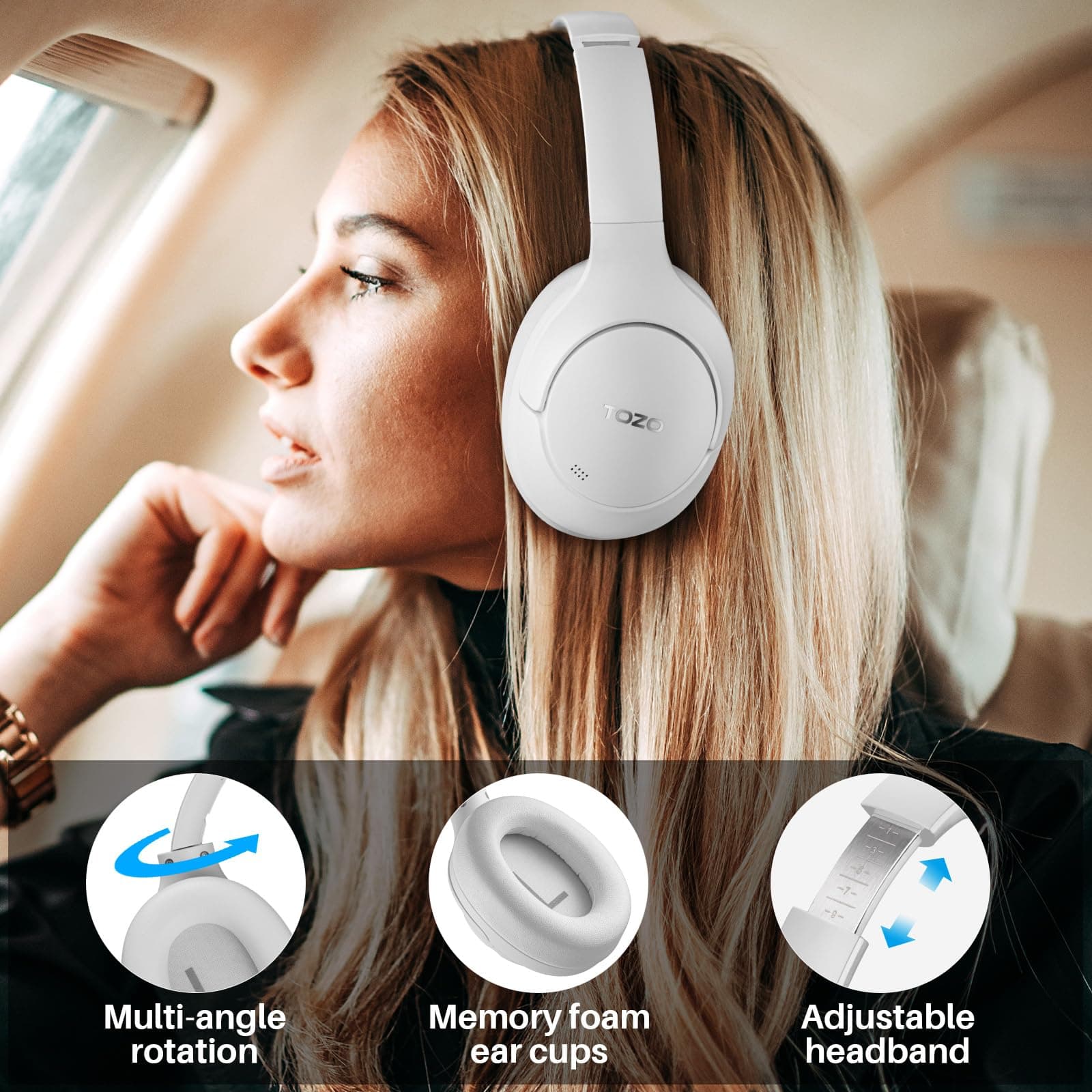 TOZO HT2 Hybrid Active Noise Cancelling Wireless Headphones, 60H Playtime Lossless Audio Over Ear Bluetooth Headphones, Hi-Res Audio Deep Bass Foldable Lightweight Headset for Workout White thumbnail 8