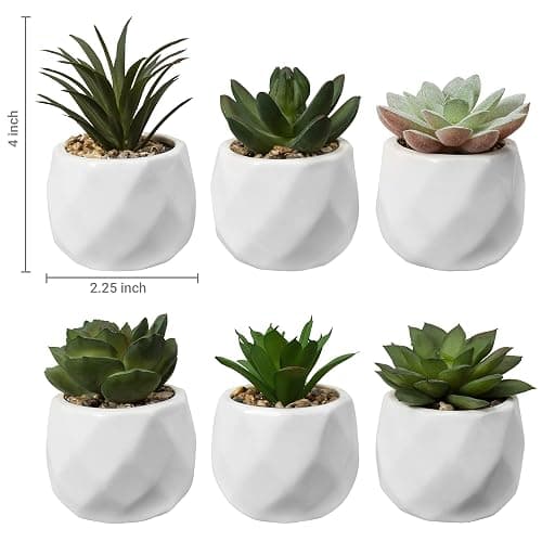 MyGift Mini Assorted Green Faux Succulent, Indoor Fake Plants in Geometric Ceramic Pots, Set of 6 thumbnail 3