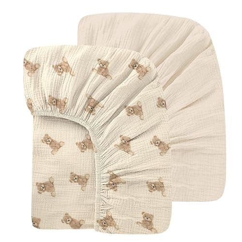 100% Organic Cotton 2 Pack 52x28 Inches Muslin Crib Sheets Fitted Crib Mattress Sheet for Baby Girls & Boys, Soft Boho Neutral Toddler Bed Sheets Fits Well Standard Size Crib Mattress 28x52 Inches - Image 1