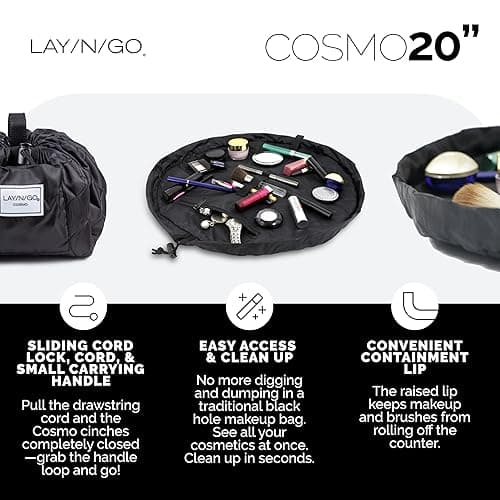 Lay-n-Go Cosmo Drawstring Cosmetic & Makeup Bag Organizer - Portable Drawstring Bag w/Zipper Pocket, Makeup Loops & More - Durable, Machine Washable Toiletry Bag for Travel (20", Black) - Black - 20 Inch thumbnail 4