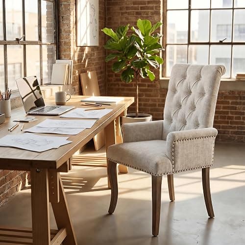 Bannion Upholstered Dining Chairs with Arms Set of 6, Greyish Beige, 6 Pack | Tufted Chenille Kitchen Chairs with Arms, Modern Farmhouse Armchair with Nailhead Trim for Dining Room, Home Office thumbnail 7