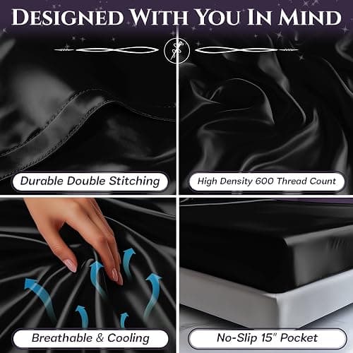 SLEEP SANCTUARY Satin Sheets King Size – 4 Piece Luxury Silky Bed Set, Softer Than Silk, 15" Deep Pocket, Cooling & Wrinkle-Free, Moisture-Wicking & Breathable for Hair & Skin (Black) thumbnail 6