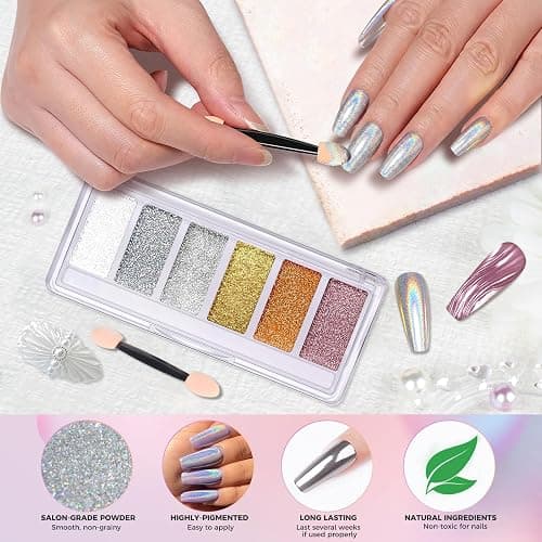 DRMODE Chrome Nail Powder, 6 Colors Gold Silver White Pearl Holo Rose Gold | Mirror Effect Iridescent Holographic Pink Brown Chrome Powder Palette, Pigment Glitter Dust for Manicure Nails Art Decoration thumbnail 5