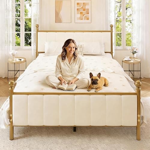 E-Motie Full Size Bed Frame with Headboard, Upholstered Platform Metal Beds Frame Full, Supported by Strong Metal Slats, No Box Spring Needed, Easy Assembly, Noise-Free, Gold thumbnail 4