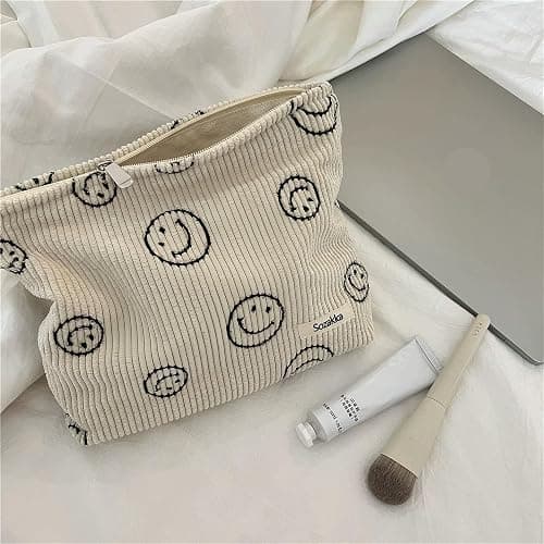 Gardsell Cosmetic Bags for Women - Corduroy Cosmetic Bag Aesthetic Women Handbags Purses Smile Dots Makeup Organizer Storage Makeup Bag Girls Case Bags (A-Beige) thumbnail 4