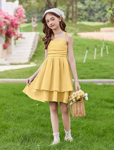 Arshiner Girls Summer Spaghetti Strap Dresses Flowy Tiered Ruched Smocked Back Casual Beach Midi Sundress thumbnail 5