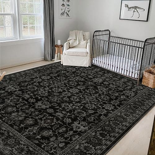 LIVEBOX Washable Area Rug 8x10 - Large Black Boho Living Room Rug Vintage Rugs for Bedroom, Non-Slip Retro Floral Carpet Print Distressed Accent Rugs for Dining Room Home Office - Image 1