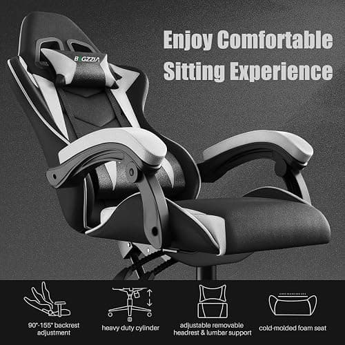 bigzzia Ergonomic Gaming Chair - Gamer Chairs with Lumbar Cushion + Headrest, Height-Adjustable Office & Computer Chair for Adults (without footrest, White) thumbnail 4