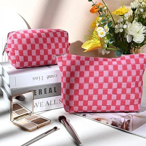 SOIDRAM 2 Pieces Makeup Bag Large Checkered Cosmetic Bag Capacity Canvas Mix Travel Toiletry Bag Organizer Cute Makeup Brushes Aesthetic Accessories Storage Bag for Women, Checkered Mix Rose Red - Rose red thumbnail 2