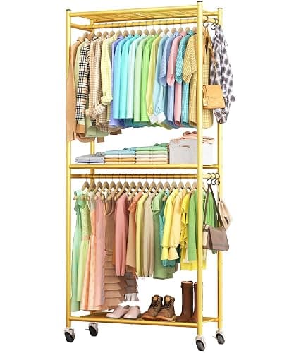 Sakugi Clothes Rack - 33.0" x 12.2" x 79.5" Clothing Rack with Shelves & Wheels, Multi-Functional Wardrobe Closet with Hooks, Sturdy Metal Garment Rack for Bedroom, Laundry, Balcony (Gold) - Image 1