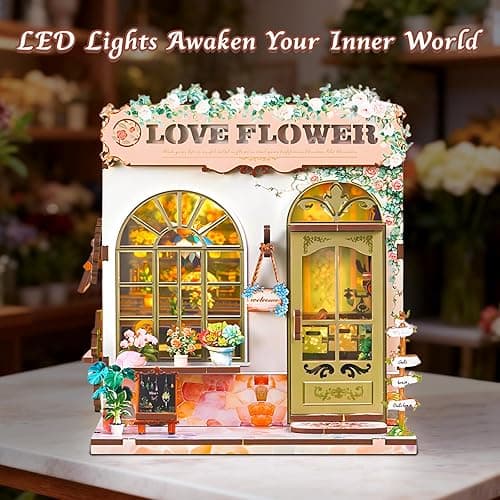 DIY Miniature House Kit, Flower Shop Book Nook Kit, Mini House Building Kit, Miniature Dollhouse Kit for Adults and Teens, 3D Wooden Puzzles with LED Light, Bookshelf Craft Kit for Family and Friends thumbnail 8