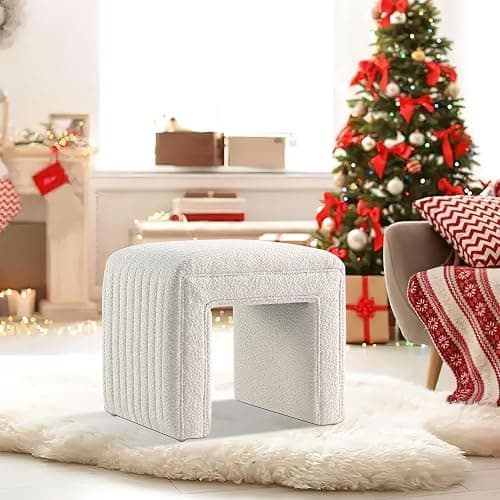 Get Set Style Vanity Stool Chair,Boucle Ottoman Foot Stool Modern Ottoman Footstool with Wood Legs Sofa Bench Extra Seating for Living Room, Entryway, Office (Fully Assembled) - White thumbnail 4