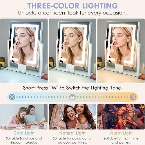 LuxeVue Makeup Mirror with Lights – HD Vanity Mirror with 3 Color Modes, Touch Sensor, 360° Rotatable Metal Frame, Detachable 3.5" 15X Magnifying Mirror, 14.1", White – Gift-Ready for Her or Bedroom thumbnail 3
