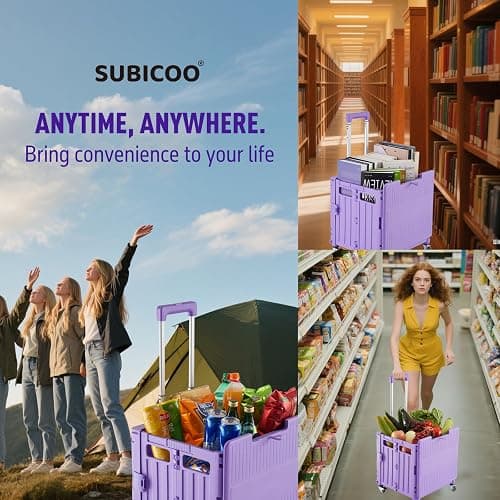 Folding Utility Cart Portable Rolling Crate Handcart Shopping Trolley Collapsible Tool Box, with Lid, Basket on 4 Rotate Wheels, for Grocery, Shopping, Office, Storage, Teacher (Purple) thumbnail 7