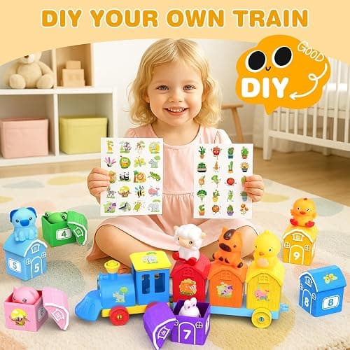 GooMags Montessori Learning Toy Toddler Animal Train Counting Barns Puppets | Montessori toy farm train set with 9 barns & 10 finger puppets for matching sorting, preschool gift for toddler boys girls thumbnail 7