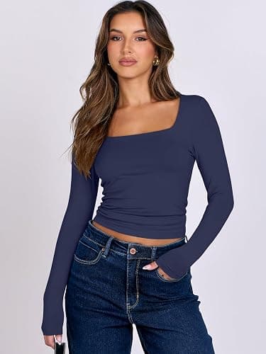 ANRABESS Women Double Lined Long Sleeve Crop Tops Shirts Square Neck Tight Fitted Going Out T-Shirt Basic Tee Outfits 2025 thumbnail 5
