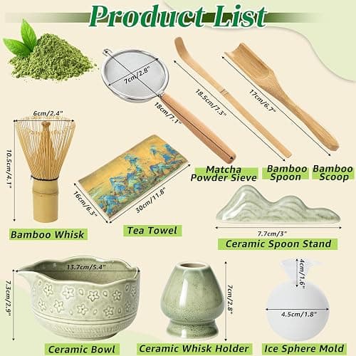 VONATES Matcha Whisk Set, 9 Pcs Matcha Whisk and Bowl Set, Stand, Spoon, Scoop, Holder, Sieve, Tea Towel, Ice Sphere Mold, Complete Starter Kit for Matcha, Tea Ceremony & Matcha Lover Gifts (Green) thumbnail 2