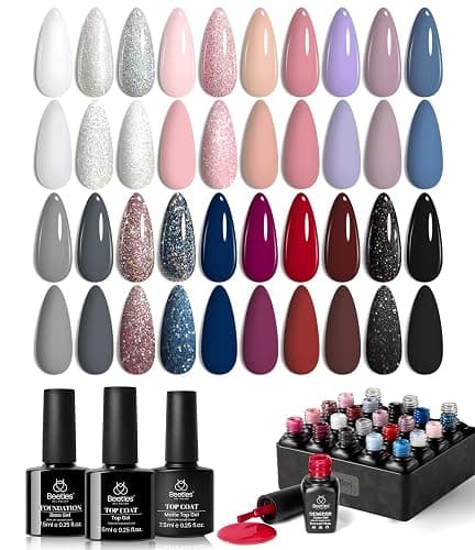 Beetles Gel Nail Polish Set, 23Pcs White Gray Black Glitter Gel Polish | 20 Colors Modern Muse Collection with 3Pcs Base Matte Glossy Top Coat Soak Off Uv Gel for Women Formula for DIY Nail Art - Image 1