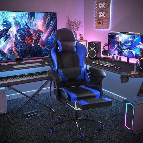 Shahoo Gaming Chair with Footrest and Massage Lumbar Support, Video Game Chairs Height Adjustable Seat with Headrest for Office or Bedroom, Study Room, Blue thumbnail 4