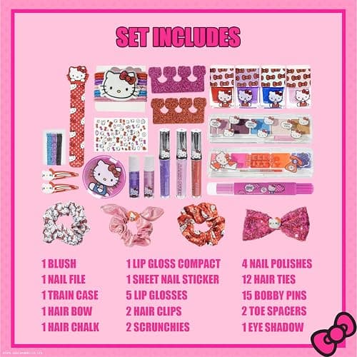 Hello Kitty Train Case Cosmetic Makeup Set Includes Lip Gloss, Eye Shimmer, Nail Polish, Hair Accessories & More! For Girls, Ages 6+ Perfect for Parties & Makeovers by Townley Girl thumbnail 3