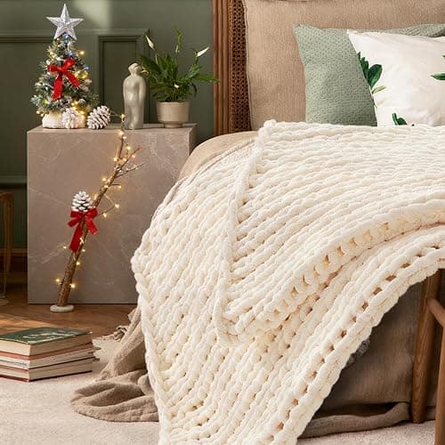 Cream White Throw Blanket, 50" x 60" Chunky Knit Blanket, Handmade Warm & Soft Chenille Throw Blanket, Washable Decorative Knit Blanket with Jumbo Chenille Yarn for Couch Bed Sofa - Image 1