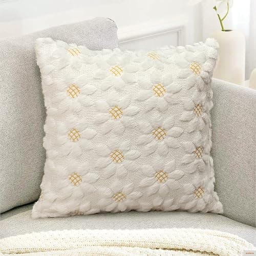MEIVINES Cream White Cushion Covers Set of 2 Spring Summer Cushion Covers 45 x 45 Sunflowers Faux Fur Decorative Pillow Case Cover for Living Room Bed Sofa thumbnail 3