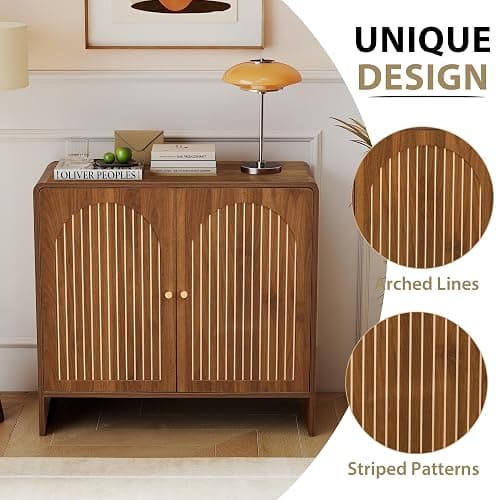 RUSTYER Sideboard Buffet Cabinet with Storage, Wood Arched Storage Cabinet with 2 Doors and Adjustable Shelf, Small Curved Entryway Accent Cabinet for Living Room Hallway Kitchen Dining Room, Walnut thumbnail 3