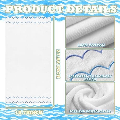 Hahafelt 2 Pcs Scalloped Hand Towels 100% Cotton Hand Towels for Bathroom 15.75 x 27.56 Inch 600 GSM Cute Soft Absorbent Embroidered for Hotel Spa Sport Yoga(Blue,Classic) thumbnail 3