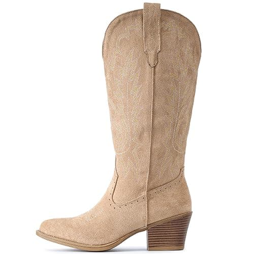 IUV Suede Cowboy Boots For Women Chunky Heel Pointed Toe Cowgirl Boots Mid Calf Western Embroidery Boots thumbnail 3